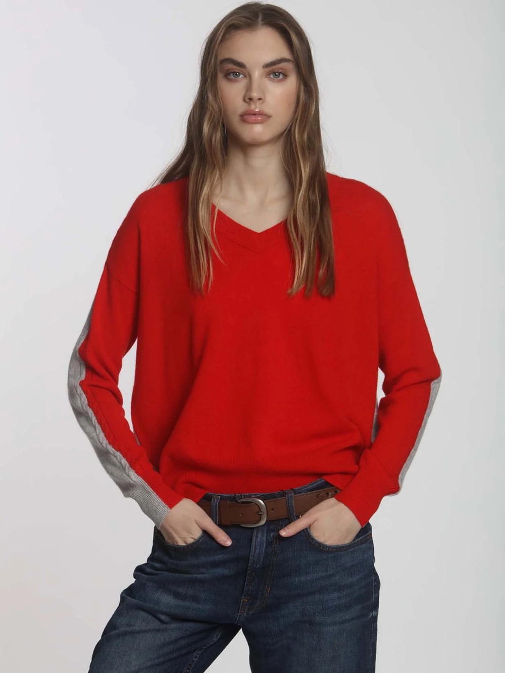 Label + Thread red gray v neck over sized Cashmere Sweater